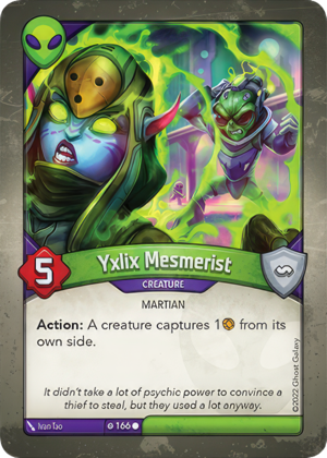 Yxlix Mesmerist, a KeyForge card illustrated by Ivan Tao