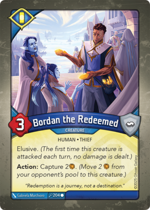 Bordan the Redeemed, a KeyForge card illustrated by Gabriela Marchioro