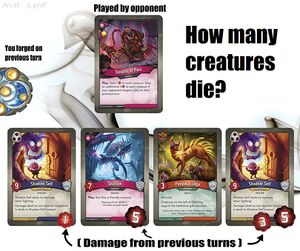 Tendrils of Pain post-forge damaging a row of creatures including Shadow Selves which would be killed between waves if Tendrils were two waves of damage.