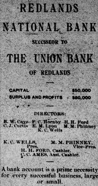 Advertisement for the Redlands National Bank