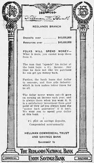 A 1922 advertisement for Hellman's Bank, Redlands