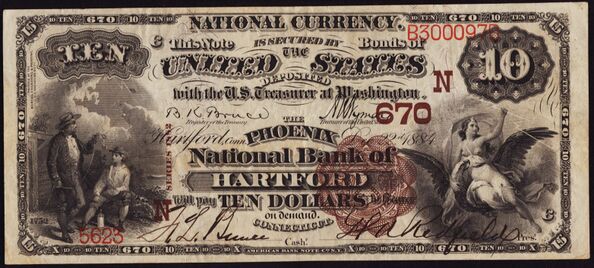 1882 Brown Back $10 bank note pen signatures of F.L. Bunce, Cashier and H.A. Redfield, President. This is an example of the abnormal border variety founnd on Series of 1882 $10 notes.