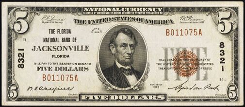 1929 Type 1 $5 bank note