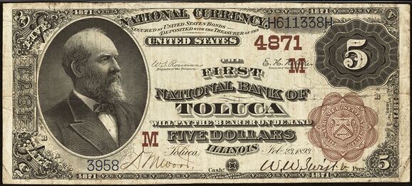 1882 Brown Back $5 bank note