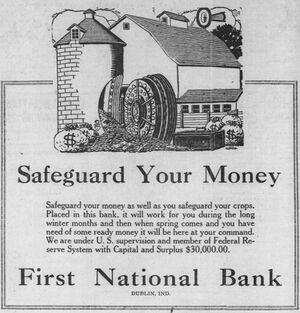 A 1920 advertisement for the First National Bank of Dublin
