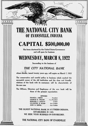 A 1922 advertisement for the National City Bank of Evansville