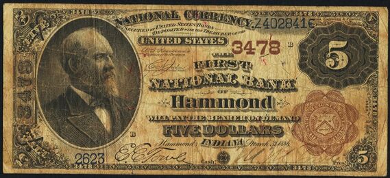 1882 Brown Back $5 bank note