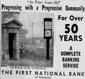 Advertisement for the First National Bank of Petersburg