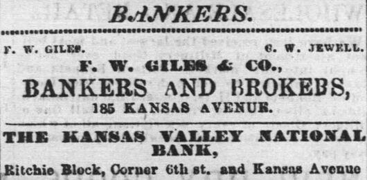 An 1868 advertisement for bankers in Topeka