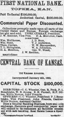 A July 1882 advertisement for two new banks in Topeka