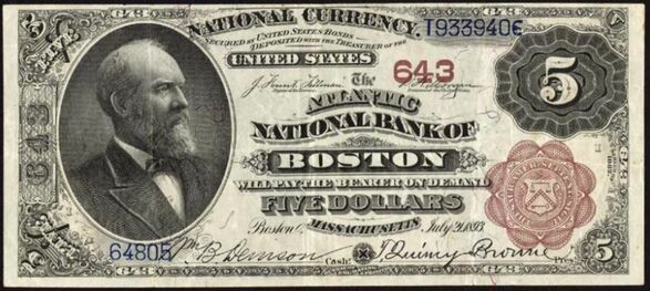 1882 Brown Back $5 bank note with pen signatures of William B. Denison, Cashier and T. Quincy Browne, President.