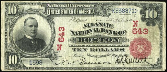 1902 Red Seal $10 bank note with printed signatures of N.N. Denison, Cashier and H.K. Hallett, President