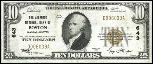 1929 Type 1 $10 bank note with printed signatures of E.F. Hanscom, Cashier and George S. Mumford, President.