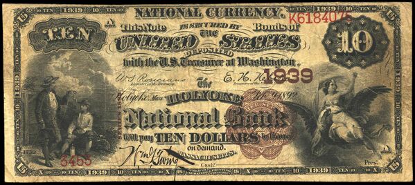 Series of 1875 $2 bank note with p1882 Brown Back $10 bank note with pen signature of William G. Twing, Cashier.en signatures of W. Simons, Cashier and William Whiting, President.