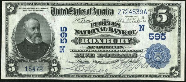 1902 Date Back $5 bank note with printed signatures of D.E. Hersee, Cashier and A.J. Foster, President.