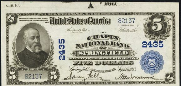 1902 Plain Back $5 bank note with top selvage