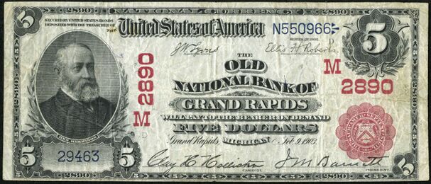 1902 Red Seal $5 bank note with printed signatures of Clay H. Hollister, Cashier and J.M. Barnett, President.