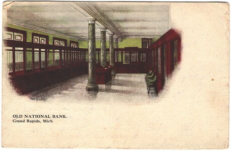 Postcard showing the lobby of the Old National Bank of Grand Rapids, Michigan, ca1900s.