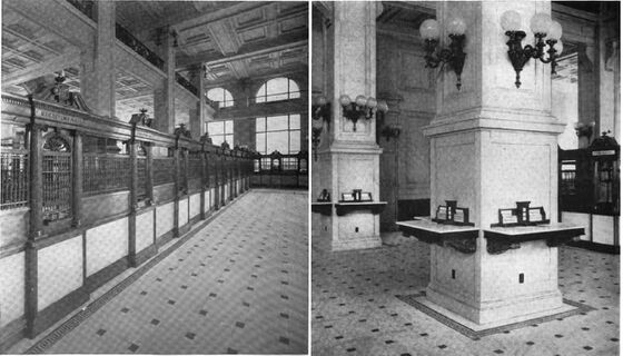 Interior view including bronze cages with marble panes and writing desks