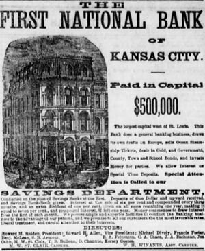 An 1877 advertisement for the First National Bank of Kansas City