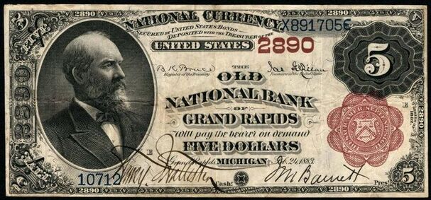 1882 Brown Back $5 bank note