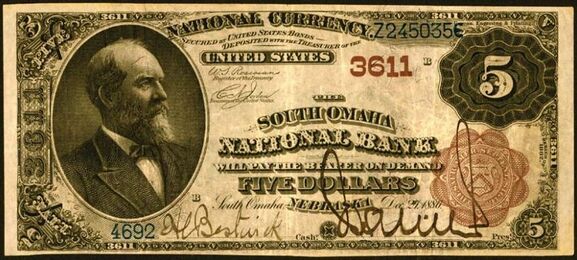 1882 Brown Back $5 bank note