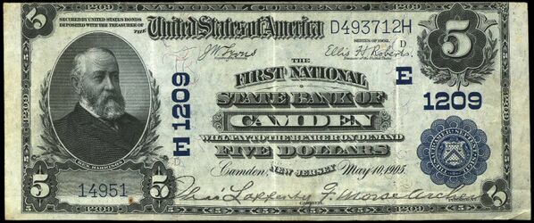 1902 Plain Back $5 bank note with printed signatures of Charles Lafferty, Cashier and F. Morse Archer, President.