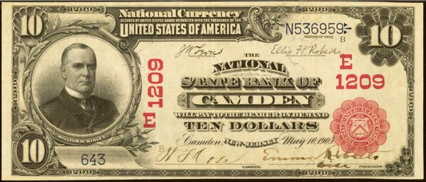 1902 Red Seal $5 bank note with pen signatures of W.F. Rose, Cashier and Emmor Roberts, Vice President