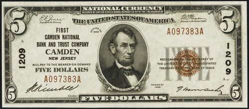 1929 Type 1 $5 bank note with printed signatures of S.C. Kimble, Cashier and F. Morse Archer, President