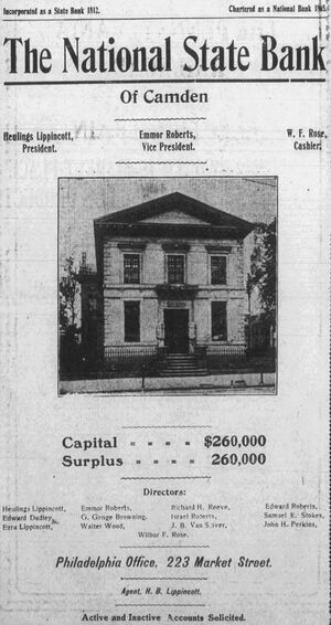 1906 advertisement for the Philadelphia Branch of the National State Bank of Camden, New Jersey. The branch was located at 223 Market Street, Philadelphia, Pennsylvania.