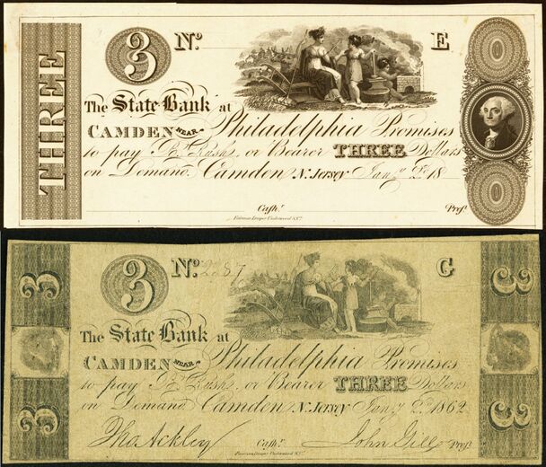 Chartered in 1812 the State Bank at Camden near Philadelphia, Haxby NJ-65, continued in business for over half a century and went on to become the National State Bank of Camden in 1865. This proof $3 is an un-adopted design, unlisted in both Haxby and Wait. The main vignette depicts an allegorical woman seated with two putti surrounded by agricultural tools and a forge. It is flanked by an end panel containing THREE at left and a portrait of Washington at right. At bottom, Counterfeit $3, at bottom, dated January 2, 1862, payable to B. Rush or bearer with engraved signatures of Tho. Ackley, Cashier and John Gill, President.