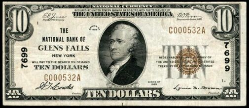 1929 Type 1 $10 bank note with printed signatures of W.T. Cowles, Cashier and Louis M. Brown, President.