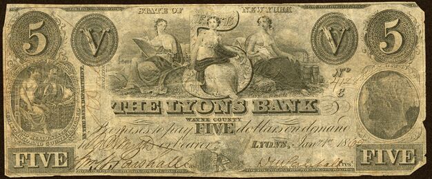 The Lyons Bank Obsolete Counterfeit $5 bank note
