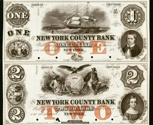 The New York County Bank obsolete proof $1 and $2