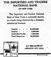 1923 advertisement for the Importers and Traders National Bank