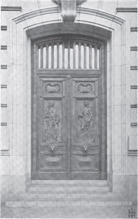 Main Entrance showing the bronze doors with figures in relief.