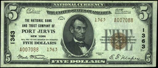 1929 Type 2 $5 bank note with printed signatures of Merle M. Geddis, Cashier and E.F. Mapes, President.