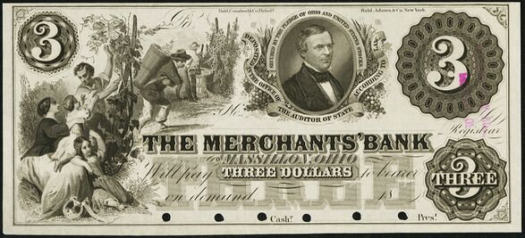 The Merchants' Bank of Massillon, Ohio, obsolete $3 proof