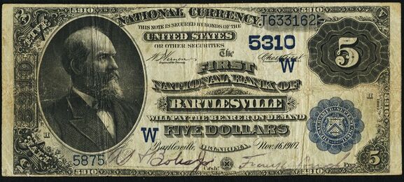 1882 Value Back $5 bank note