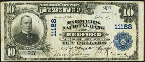 1902 Plain Back $10 bank note with pen signatures of Jason H. Eshelman, Cashier and P.N. Risser, President.