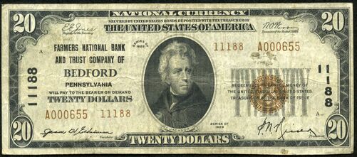 1929 Type 2 $20 bank note with printed signatures of Jason H. Eshelman, Cashier and P.N. Risser, President. Barnhart Brothers & Spindler (BBS) made the overprinting plate used to print this note.