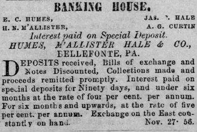 advertisement for the banking house of Humes, McAllister, Hale & Company