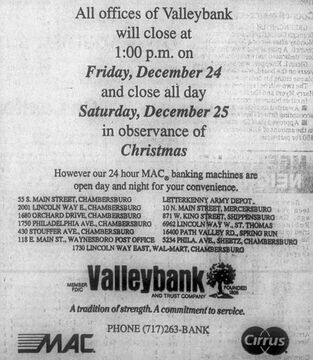 December 1993 advertisement for Valley Bank and Trust Company