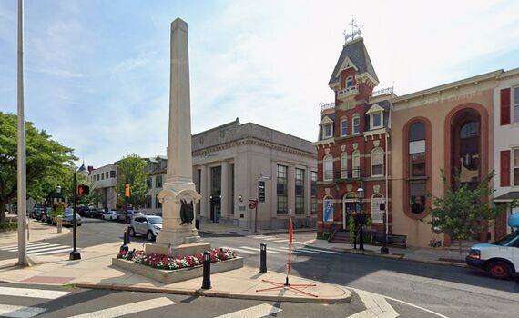 Soldiers' Monument and the old Doylestown National Bank and Trust Company