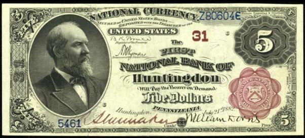 1882 Brown Back $5 bank note