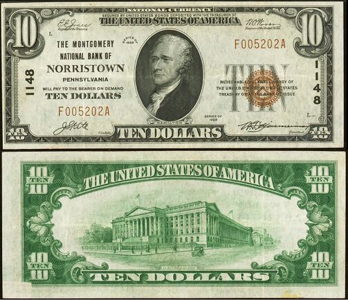 1929 Type 1 $10 bank note with back error