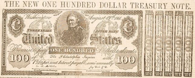 advertisement from September 1861 depicting a $100 Treasury Note