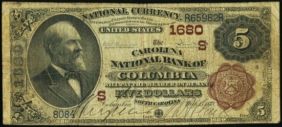 1882 Brown Back $5 bank note