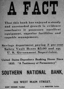 Advertisement from March 1915 for the Southern National Bank