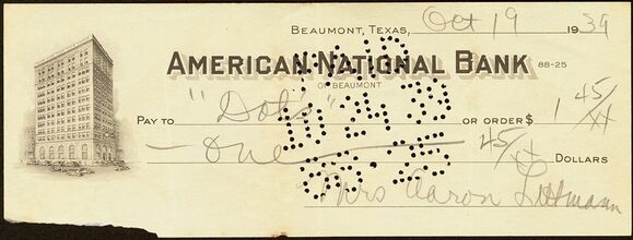 Check from the American National Bank of Beaumont